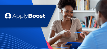 The ApplyBoost wordmark and rocket logo are overlaid on a blue background and a photograph of two students laughing