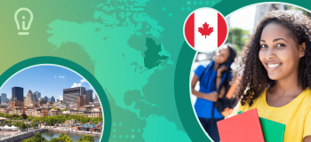 A green illustrated map of Canada, with images in the foreground of a smiling international student beginning her studies.