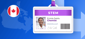 The simulated ID badge of a young Black woman in a chemistry role. It's framed by an illustrated white arrow pointing down and to the right, as well as an illustrated map and flag of Canada.