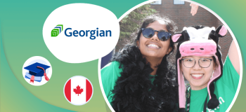 A photograph of two smiling Georgian College students wearing whimsical accessories, framed by a Georgian logo and illustrated grad cap and Canada flag.