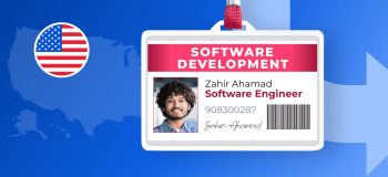 Blog banner image featuring a blue background, a light blue map of the United States, the US flag in a small circle, and an example nametag for a Software Developer