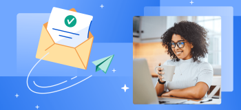 A photograph of a smiling woman with glasses and curly hair, holding a coffee mug and looking at a laptop. She is framed by a blue illustrated background with stars, a flying paper airplane, and an envelope with an emerging piece of paper that has a green checkmark on it.