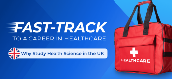 A red first aid kit with the word "healthcare" spelled out in its side rests on a blue illustrated background.