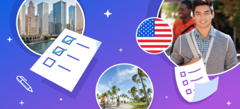 Photographs of a young Asian student, Chicago (tall skyscrapers on the Chicago River) and Southern California (cyclists on a path lined with palm trees) are overlaid by an American flag illustration and a checklist.