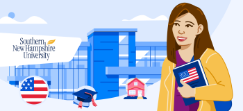 A student stands in front of an illustrated school building
