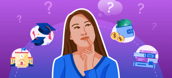 An illustration of a woman thinking, with spot illustrations of question marks, an institution, graduation caps, a wallet, and a pile of books around her.