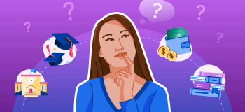 Illustration of female student in the centre thinking, with images of books, graduation caps, money, and schools around her.