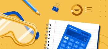 A notebook, a calculator, some goggles, and other school supplies.