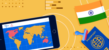 The Indian flag, a passport, and a smartphone showing a world map with Canada, the UK, the US, and Australia highlighted.