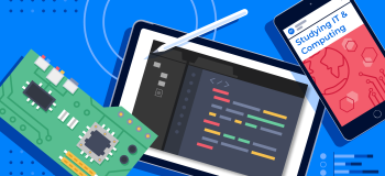 Banner image for ApplyInsights: Computer Science & IT featuring a printed circuit board, a tablet showing code, and a smart phone