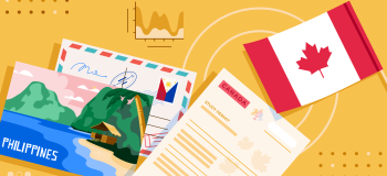ApplyInsights: Study Permit Trends in Canada – Philippines banner with Canada flag, Philippines postcard, and travel documents