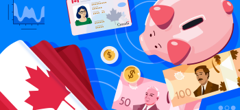 Banner for ApplyInsights: Canadian Study and Work Permits Drive Higher Permanent Resident Income featuring a piggy bank, Canadian money, a Canadian ID card, a folded Canadian flag