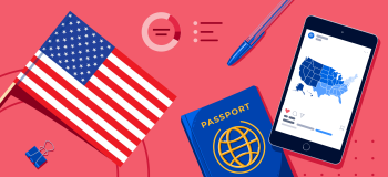 An American flag, a passport, a smartphone showing a regional map of the US, and some school supplies.