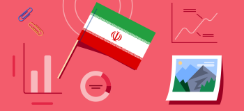 Iranian flag next to a picture of mountains and generic charts