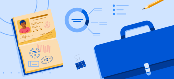 AI Business banner featuring a briefcase, a passport, and a generic chart