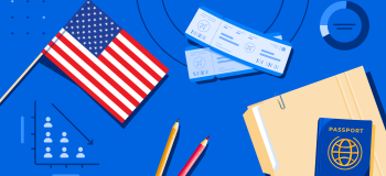 A file folder, a passport, a pair of plane tickets, an American flag, and some school supplies.