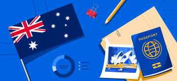 Blog banner for AI Top Source Countries for Australian Tertiary Schools featuring an Australian flag, the Sydney Opera House, a passport, a pencil, a generic chart, and a folder