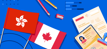 The Hong Kong flag, the Canadian flag, a passport, and some school supplies.