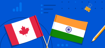 A Canadian flag, an Indian flag, and some school supplies.