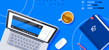 An illustration of an open laptop, a cup of coffee, a mouse, and a notebook on a blue background.