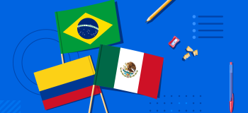 Illustration of Brazilian, Mexican, and Colombian flags beside some school supplies.