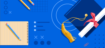 Illustration of grad cap, diploma, and school supplies