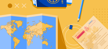 Illustration of map, study permit, and travel documents