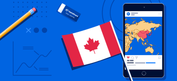 A Canadian flag, a smartphone showing a map of East Asia, and some school supplies