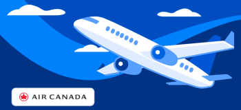 Illustration of an Air Canada airplane flying through a blue cloudy sky.