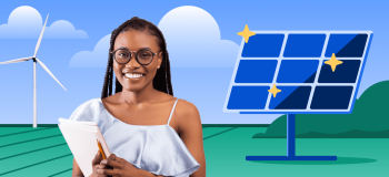 A student stands in front of an illustrated background with a wind turbine, green fields, and a standing solar panel, representing sustainable energy.