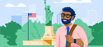 Illustration of man standing in front of Statue of Liberty