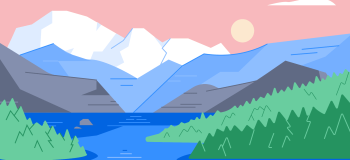 An illustration of Canadian mountains at sunset or sunrise: the sky is pink, the mountains fade to white, and an alpine lake weaves between the mountains.