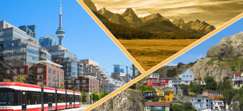 A banner split three ways between a busy streetscape with streetcar and the CN Tower, a sepia-toned photo of grey mountains rising over an alpine lake, and a maritime village set into tall cliffs.