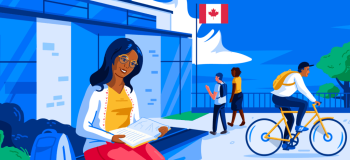 An illustration of an international student sitting on a bench outdoors, studying at a Canadian academic institution.