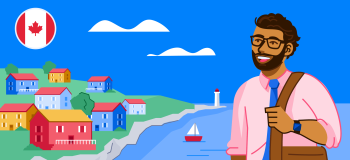 An illustrated scene of Canada's east coast (two storey buildings along a gentle coastline; the buildings are painted bright, primary colours, and there is a lighthouse at the end of the peninsula.) At right, an illustration of a male student carrying a book bag smiles at the landscape.