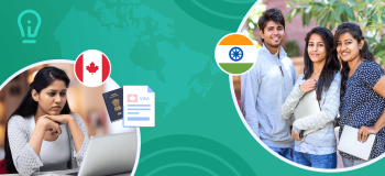 An Indian international student looks at a laptop, framed by a Canadian flag and passport illustration. A group of international students stand together; an Indian flag accents their photo.