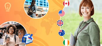 International students at airports and on campuses float on a yellow background with a shadow graphic of the world map. Flag illustrations of Canada, Australia, Ireland, the UK, and the US frame the largest image.
