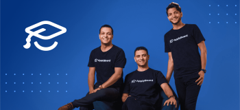 ApplyBoard co-founders Meti, Martin, and Massi Basiri next to the ApplyBoard logo.