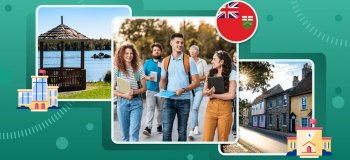 International students, framed by a lakeside and town centre views of Northern Ontario, plus an illustration of the Ontario flag