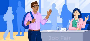 An illustration of a student at a campus job fair speaking to someone behind a table.