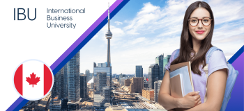 The text "International Business University", a Canadian flag illustration, and photos of a student and the Toronto skyline.