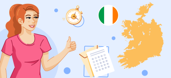 An illustration of a red-haired student giving a thumbs-up, surrounded by illustrations of the Irish flag, map, a stopwatch, and an application package