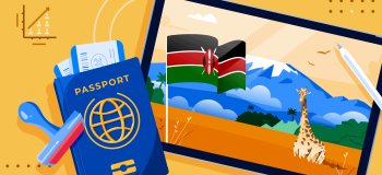 ApplyInsights: Study Permit Trends in Canada – Kenya banner featuring a passport, a stamp, a Kenyan flag, and a postcard with a giraffe