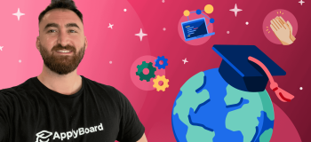 A photo of Anas, a software engineer with ApplyBoard, surrounded by an illustrated globe and smaller icons on a magenta background.