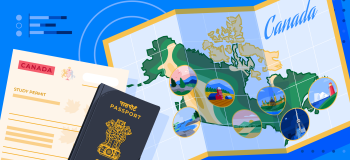 A map of Canada with inset pictures showing scenery from across the country, alongside an Indian passport and a Canadian study permit.