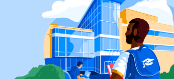 Illustration of male student wearing backpack in front of an institution, representing the challenges faced and overcome by international students.