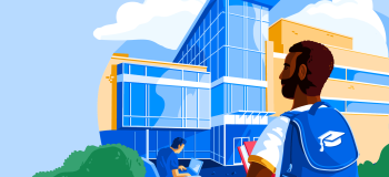 Illustration of a male student wearing a backpack in front of an education institution.