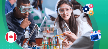 An illustration of two students in a science laboratory, representing stem study programs in Canada.