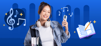 An illustration of a female student holding a phone with spot illustrations of music notes and a book in the background.