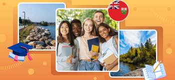 Cityscapes and landscapes of rural and northern Ontario with a photo of international students, and a picture of the Ontario crest